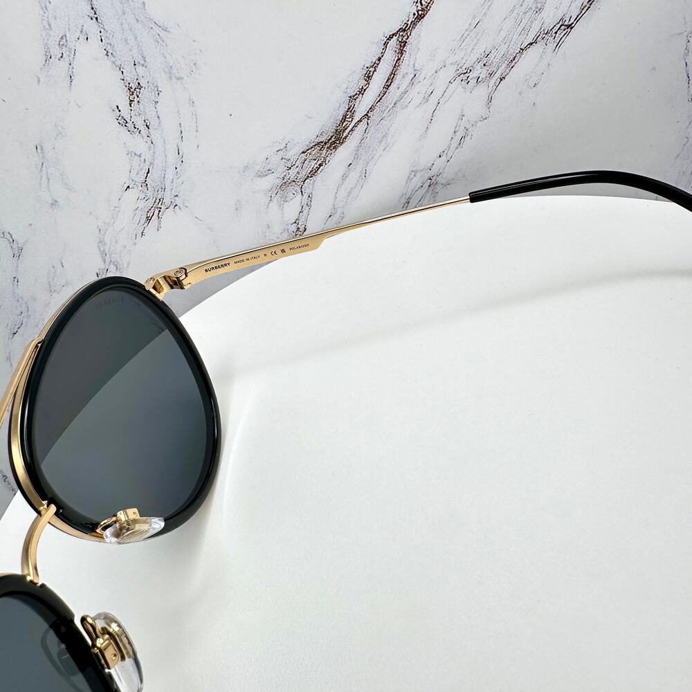 New Burberry Sunglasses Polarized Gold Black Check Arms Aviator Pilot Metal - Picture 6 of 16